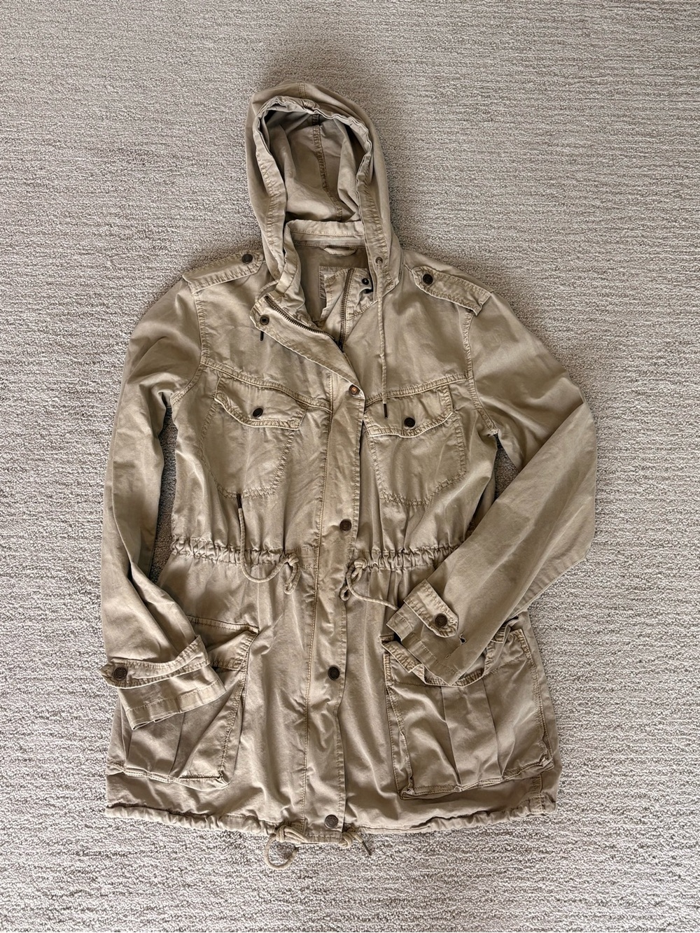 Bluenotes 2010s Beige Military Utility Cargo Hooded Field Jacket Size S - Picture 2 of 9